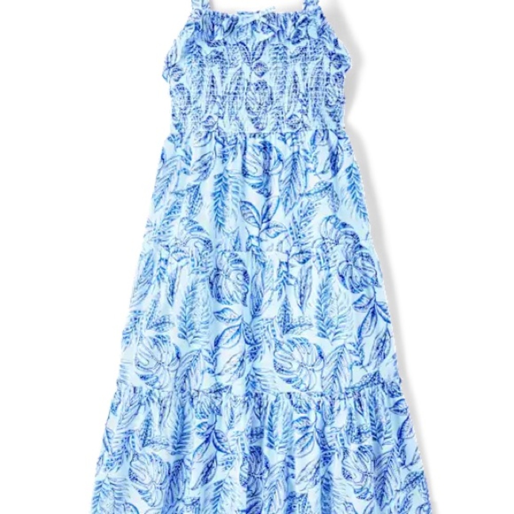Blue and White Leaf Print Smocked Midi tiered Sundress Women’s M.